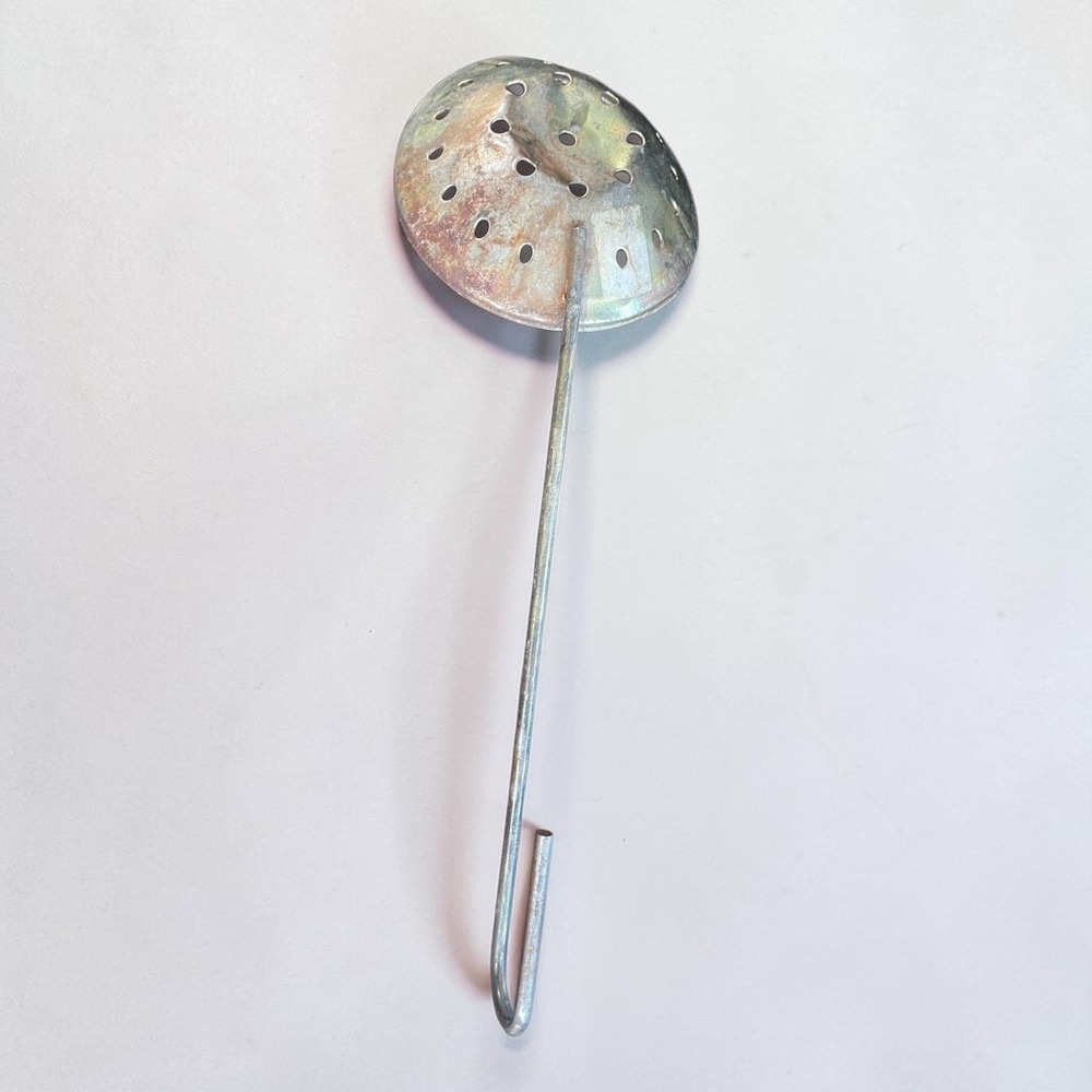 Unbranded Slotted Spoon Skimmer Silver Fair Hooked Handle Primitive